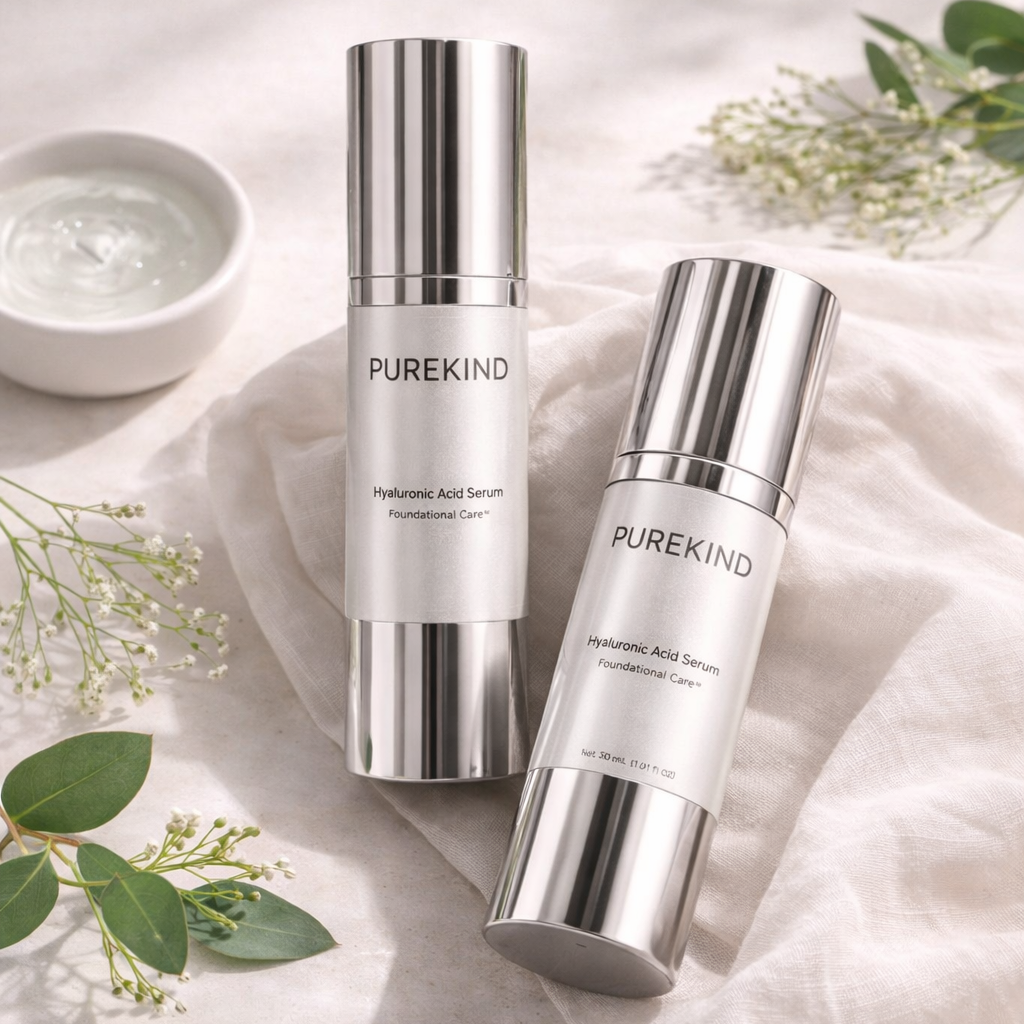 Two Purekind skincare bottles on a light fabric background with greenery.